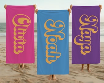 Custom Name Beach Towel, Personalized Pool Party Gift, Graduation, Birthday, Vacation Towel for Kids & Family Trips, Retro Name Towel