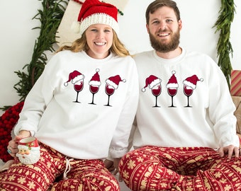 Wine Glass With Santa Hat Couple Sweatshirt, Santa Wine Glass tshirt, Family Matching Pajamas Winter Outfits, Red Wine Glass, Christmas Gift