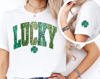 Lucky T-Shirt,Saint Patrick's Day Shirt,Glitter Lucky Tee,Four Leaf Clover Shirt,Women St Patricks, St Patricks Day Gifts,Glitter Shamrock
