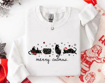 Merry Catmas Sweatshirt, Meowy Christmas Cat Shirt, Funny Christmas Cat Sweater, Cute Holiday Cat Lovers Gift, Santa Hat Cat Top