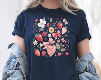 Boho Strawberry Coquette T-Shirt,Y2K Aesthetic Tee,Cottagecore Summer Shirt,Soft Girl Vintage Top,Cute Berry Graphic Tee