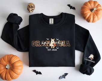 Custom Winnie the Pooh Bear Grandma Est Sweatshirt, Personalized Grandma With Grandkids Name Shirt, Halloween Fall Family Gift Sweater