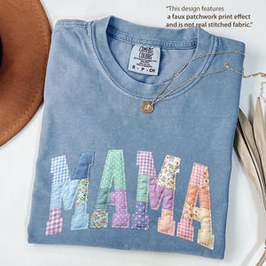 Comfort Colors® Faux Patchwork Floral Mama Shirt,Faux Embroidered Mom Shirt,Varsity Mom Tee,Patchwork Mama Shirt,Cottagecore Floral Mom Gift