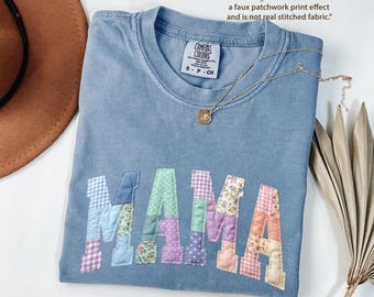 Comfort Colors® Faux Patchwork Floral Mama Shirt,Faux Embroidered Mom Shirt,Varsity Mom Tee,Patchwork Mama Shirt,Cottagecore Floral Mom Gift