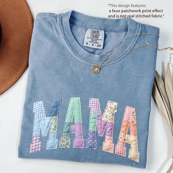 Comfort Colors® Faux Patchwork Floral Mama Shirt,Faux Embroidered Mom Shirt,Varsity Mom Tee,Patchwork Mama Shirt,Cottagecore Floral Mom Gift