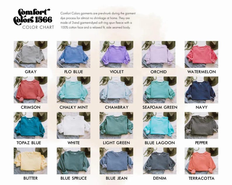 The image is a color chart displaying various color options for comfortable color garments. It features a grid of 12 different color options, each with a corresponding image showing the garment in that color. The color options include gray, blue, green, purple, orange, navy, chambray, sea foam green, navy, chambray, white, light green, blue lagoon, pepper, butter, blue spruce, blue jean, denim, and terracotta.
