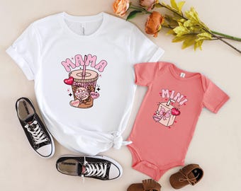 Custom Mama Mini Coffee Tee, Matching Family Tee, Mommy and Me Outfits,Mama Mini Couples Shirt, Cute Baby Girl Tee, Ice Coffee,Mother's Day