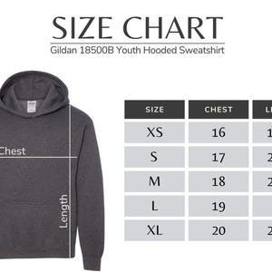May include: A dark gray Gildan 18500B youth hooded sweatshirt with a size chart. The chart shows chest measurements from 16 to 20 inches and lengths from 19.75 to 25.50 inches for sizes XS to XL.