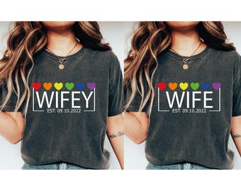 Comfort Colors® Lesbian Wife Rainbow Pride Custom Date Shirt, Lesbian Mrs Wedding Tee,Lesbian Bachelorette Party Shirt,Bride Engagement Gift