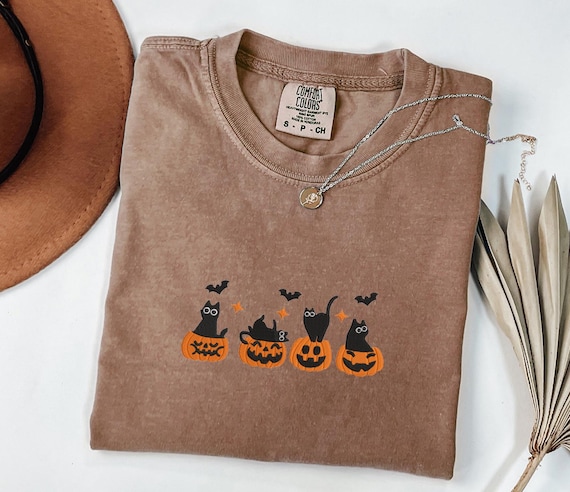 Comfort Colors® Halloween Cat Pumpkin Embroidery Shirt, Cute Minimalist Halloween Tee,Autumn Embroidered Top,Cat Lover Gift,Cozy Fall Outfit