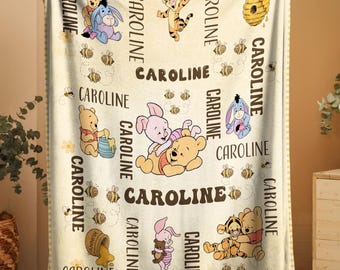 Personalized Pooh Baby Blanket, Custom Disney Winnie The Pooh Baby Blanket, Winnie Bear Baby Shower Gift, Baby Boy Girl Nursery Bedding