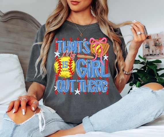 Comfort Colors® That’s My Girl Out There Shirt, Custom Softball Name Number Shirt, Game Day Softball Tee,Striped Softball Shirt,Softball Mom