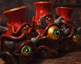 Triple ceramic vase, horror fantasy style – Monster Eye – Gothic & occult creature decoration