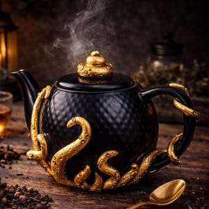 Peut inclure: Une théière noire avec des détails dorés, notamment une poignée décorative et des motifs tourbillonnants. Une cuillère dorée repose sur une surface en bois, avec de la vapeur qui s'élève. Une bougie et une tasse à thé sont visibles.