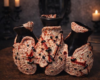 Triple handmade ceramic vase with a human skin effect - Horror fantasy - Gothic & occult creature decoration