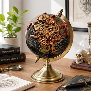 May include: A decorative globe featuring a black and gold map surface mounted on a brass-colored metal stand. The globe is adorned with a raised, textured, gold-colored sculpture resembling human intestines, accented with patches of deep red.