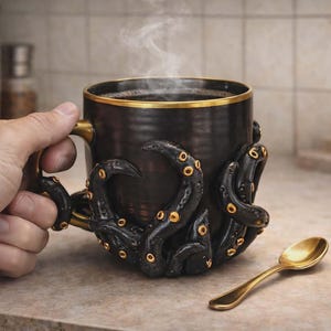 May include: A black ceramic mug with a gold rim and handle, featuring sculpted octopus tentacles. The tentacles have gold accents. A gold spoon rests on the counter next to the mug. Steam rises from the mug.