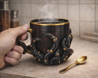 Dark Fantasy Tentacle Mug, Black & Gold – Handmade Gothic Mug, 300ml – Horror Decoration – Original Gift for Fantasy Fans