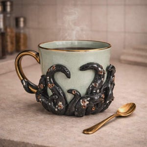 May include: A ceramic mug with a light green exterior, gold handle, and rim. The mug features black octopus tentacles wrapped around the base. A gold spoon rests beside the mug. Steam rises from the dark liquid inside.