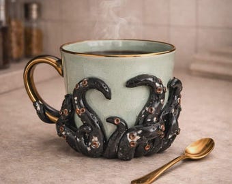 Dark Fantasy Tentacle Mug, Green & Blue – Handmade Gothic Mug, 300ml – Horror Decoration – Original Gift for Fantasy Fans