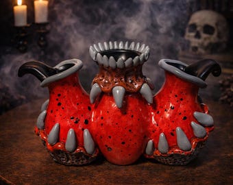 Triple ceramic vase - Horror toothy monster - Gothic & occult creature decoration - Halloween