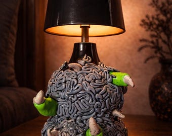 Bedside Lamp - Grey Brain Monster - Handmade Designer Lamp - Wireless Rechargeable Lamp - Original & Unusual Decoration