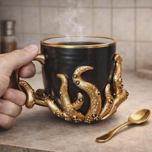 May include: A black ceramic mug with a gold rim and handle, featuring gold octopus tentacles as a decorative element. A small gold spoon rests on the surface next to the mug. The mug contains a dark liquid, possibly coffee, with steam rising.
