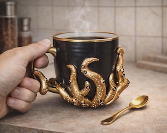 Dark Fantasy Golden Tentacle Mug – Handmade Gothic Mug 300ml – Horror Decoration – Original Gift for Fantasy Fans