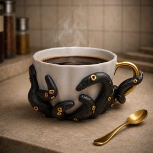 May include: A white ceramic mug filled with dark coffee and steam, featuring sculpted black tentacles with gold-colored suction cups wrapped around the exterior. The mug has a metallic gold handle and is accompanied by a small, matching gold-colored spoon.