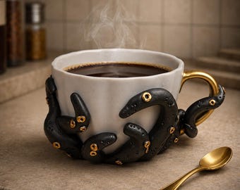 Dark Fantasy Tentacle Mug, Grey, Handmade Gothic Mug, 300ml – Horror Decoration – Original Gift for Fantasy Fans