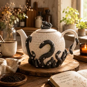 May include: A white ceramic teapot with a textured geometric pattern on the body, adorned with sculpted black octopus tentacles featuring white suction cups. The lid is topped with a small black tentacle handle, and the spout and handle are white.