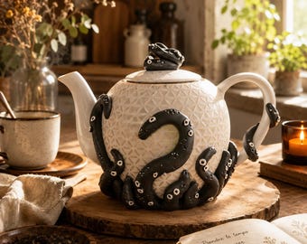 White Gothic Teapot with Black Tentacles – 1L Fantasy Earthenware Teapot – Unique Handmade Piece