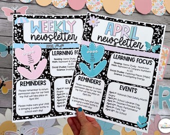 April Newsletter Templates - Weekly or Monthly Editable Classroom Spring-Themed Templates for Teachers - Printable April Calendars Pastel