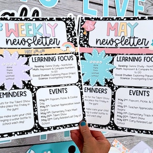 May include: Two black and white printable weekly newsletters for May. The top of each newsletter has a colorful title with the month and the word "newsletter". The left newsletter has a learning focus section with a list of subjects and the right newsletter has a reminders section with a list of events.
