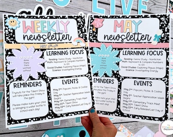 May Newsletter Templates - Weekly or Monthly Editable Classroom Spring-Themed Templates for Teachers - Printable May Calendars Pastel