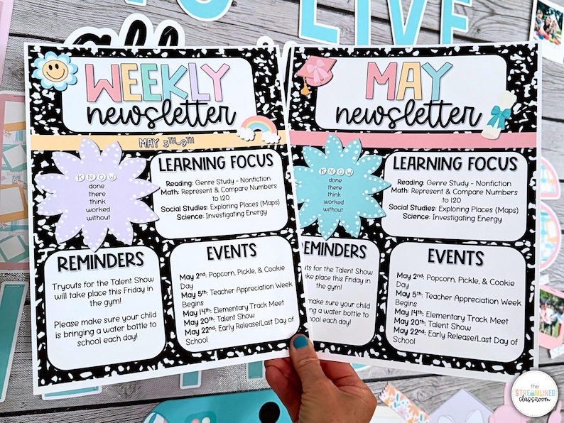 May include: Two black and white printable weekly newsletters for May. The top of each newsletter has a colorful title with the month and the word "newsletter". The left newsletter has a learning focus section with a list of subjects and the right newsletter has a reminders section with a list of events.