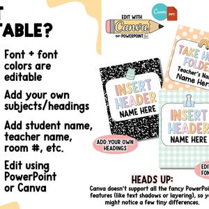May include: A colorful educational template with the text "IS IT EDITABLE?" and examples of editable elements. Includes folders with "INSERT HEADER NAME HERE" and "TAKE HOME FOLDER" labels. Edit with Canva or PowerPoint.
