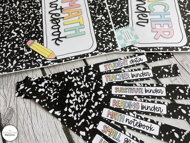 May include: Black and white composition notebook-themed binder labels with colorful text. Labels include "Student Data," "Teacher Binder," and "Math Notebook." A yellow pencil graphic is also present.