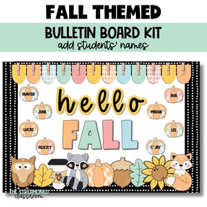 May include: A fall-themed bulletin board kit with a white background and black and white polka dot border. The kit includes a banner with colorful scalloped shapes, a large "hello fall" title, and various fall-themed images, including pumpkins, acorns, and leaves. The kit also includes student name tags.