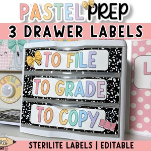 May include: A white Sterilite three-drawer organizer with labels that read "TO FILE", "TO GRADE", and "TO COPY". The labels are in pastel colors and the drawer fronts have a black and white speckled design. The text "PASTEL PREP" is at the top.