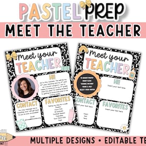 May include: Pastel Prep "Meet the Teacher" printable templates. Two designs feature a notebook paper background, with space for a photo, contact info, and favorites. Editable text allows for customization.