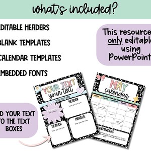 May include: A printable calendar template for May with a black and white speckled background. The calendar has a pink, blue, and yellow color scheme. The text "May calendar" is in a large, colorful font. The calendar is editable using PowerPoint. The image also shows a sample template with text boxes for adding text.