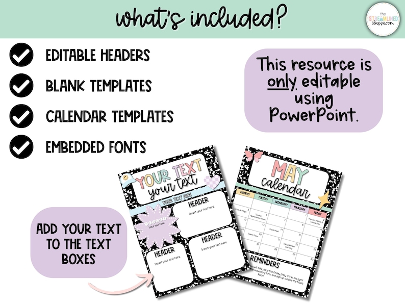 May include: A printable calendar template for May with a black and white speckled background. The calendar has a pink, blue, and yellow color scheme. The text "May calendar" is in a large, colorful font. The calendar is editable using PowerPoint. The image also shows a sample template with text boxes for adding text.