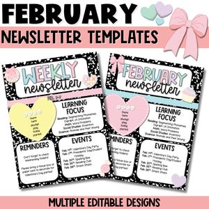 Plantillas para boletines informativos de febrero: plantillas editables semanales o mensuales con temática de San Valentín para el aula de profesores: calendarios de febrero imprimibles