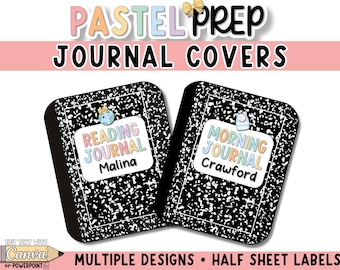 Half Sheet Label Journal or Folder Covers - Editable Composition Notebook Themed Templates for Students or Teachers - Classroom Organization
