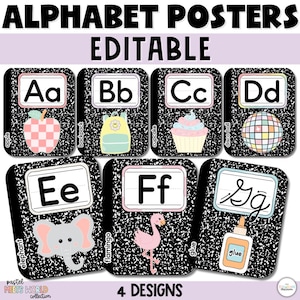 Composition Notebook Alphabet Posters | Pastel Classroom Decor | Editable ABC Posters for Classroom Wall | Trendy Retro 90s Nostalgia