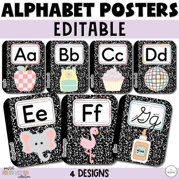 Composition Notebook Alphabet Posters | Pastel Classroom Decor | Editable ABC Posters for Classroom Wall | Trendy Retro 90s Nostalgia