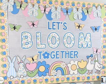 Tablón de anuncios de primavera - Decoración moderna para el aula de Pascua y primavera - Puerta del aula de marzo, abril y mayo - Pastel Cottagecore - Flores y mariposas