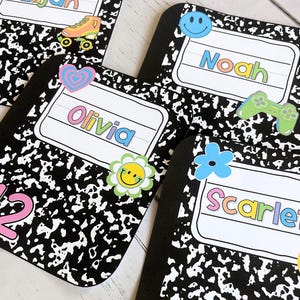 Student Locker Tags or Classroom Name Labels - Editable Retro Composition Notebook Name Tags for Lockers, Cubbies, or Bulletin Board Display