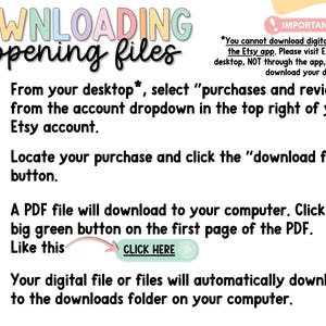 May include: A colorful infographic with instructions on downloading and opening files from Etsy. The text includes steps to locate purchases, download files, and open a PDF. The image uses pastel colors and a clear, step-by-step format.